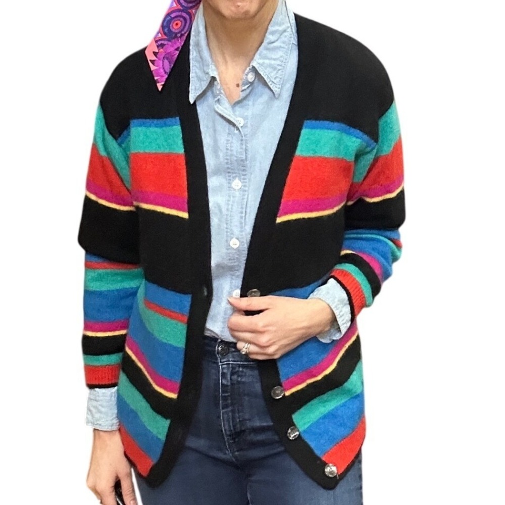 Liz Claiborne Vintage 90s Lambswool Angora Striped Cardigan Black Multi M